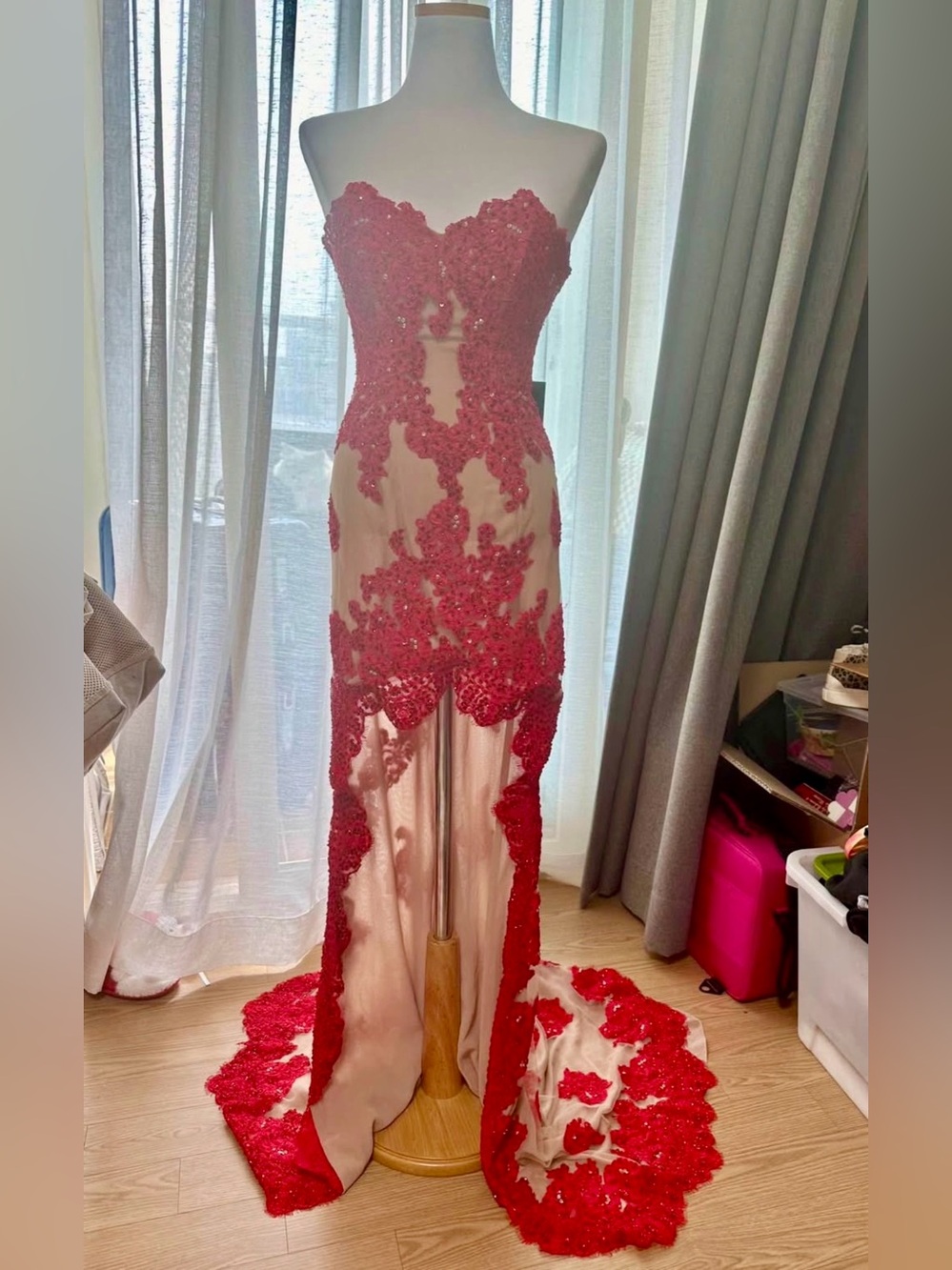 Sherri Hill Red Lace Appliqué High-Low Gown